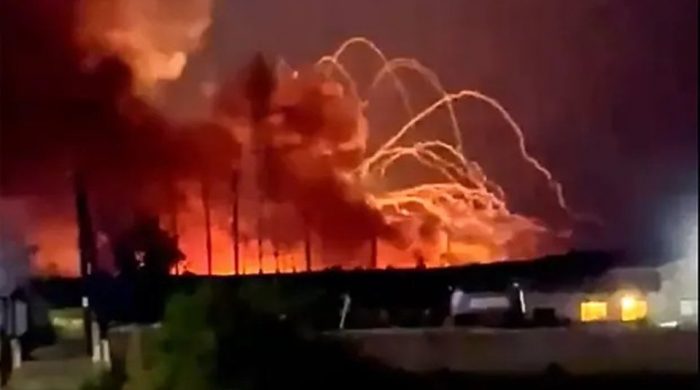 Russian munitions depot ablaze near Ukraine border